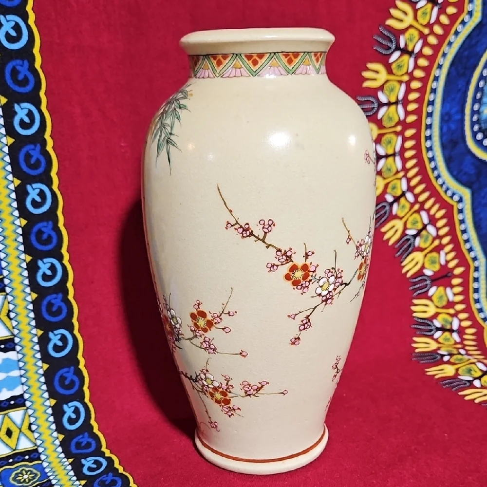 VTG Japanese Shinkozan Satsuma Handpainted Crackle Glaze Vase Birds/Blossoms #2